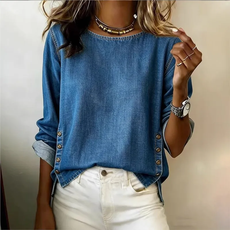 

Faux Denim Shirt Tops 2026 Spring Long Sleeve Round Neck Button Decoration Top for Women Solid Color Simple Blouse Commuter