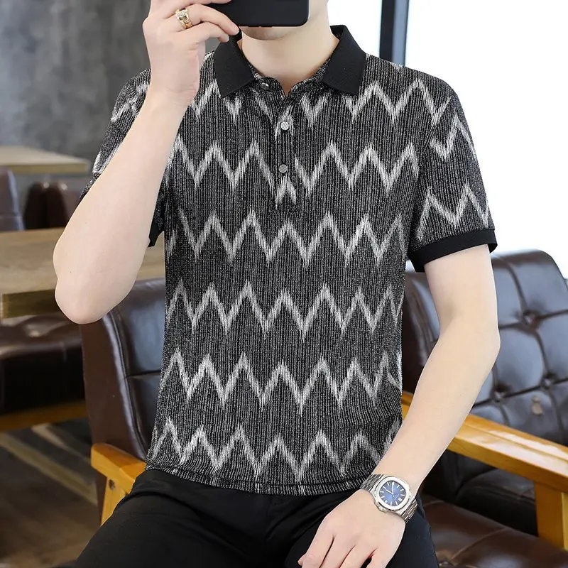

Summer Striped Printed Men's Lapel T-shirt Men Short Sleeved Casual Business Polo Shirt Fashion Slim Fit Street Wear Tshirts