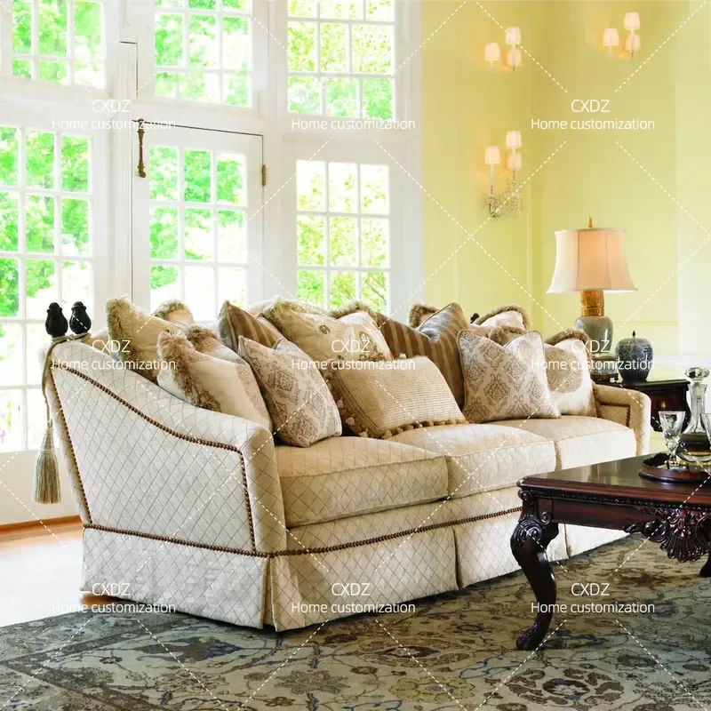 Solid Wood Fabric 3 4 Seater Sofa Soft Comfortable Large Apartment Villa Classical Couch Furniture