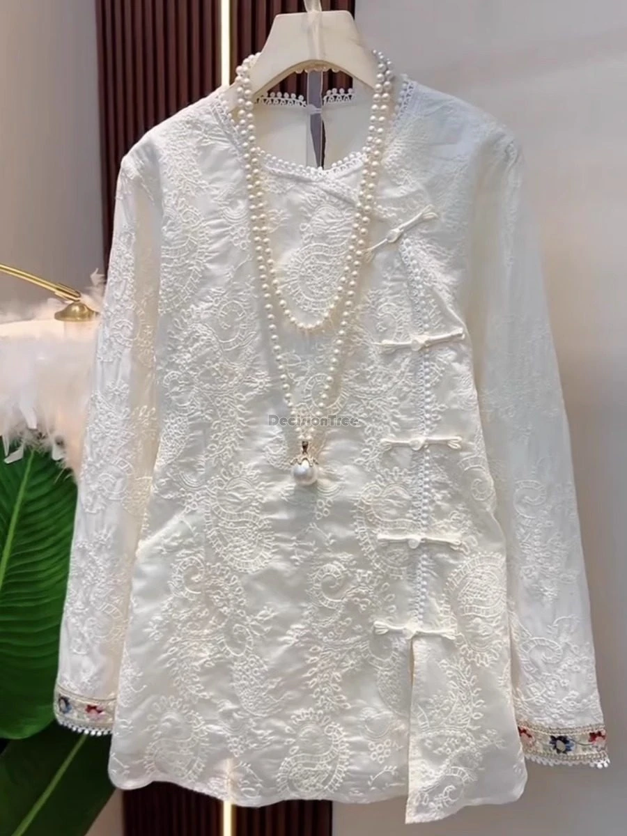 

Новая улучшенная китайская рубашка-ципао в национальном стиле с длинным рукавом и кружевом, с круглым вырезом, для женщин, модель 2025 года