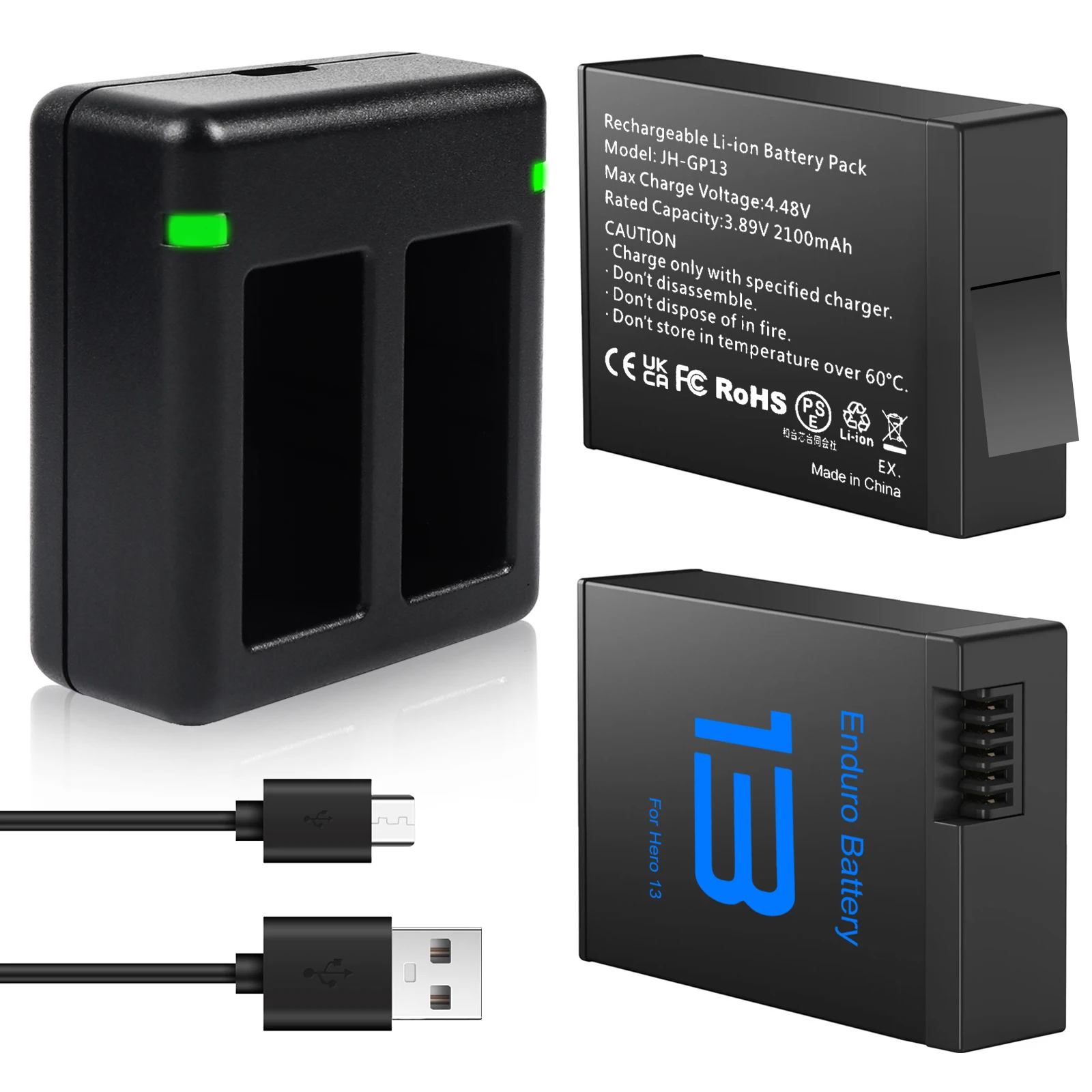 2 Pack Replacement Hero 13 Batteries and Charger Fit for GoPro Hero 13 Black，2100mAh Rechargeable Battery