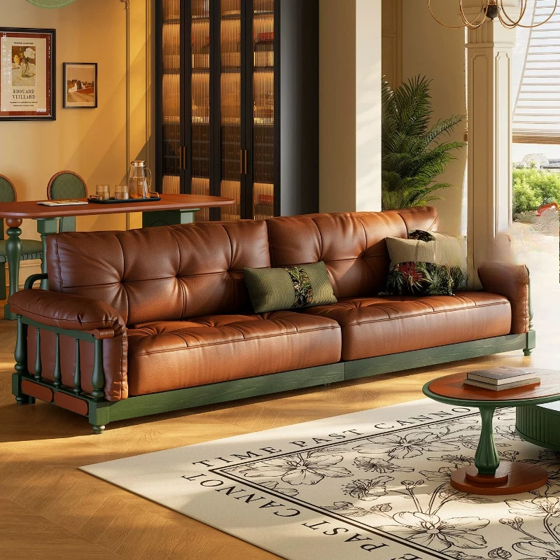 French retro style straight  leather sofa antique living room sofa three people first layer cowhide sofa