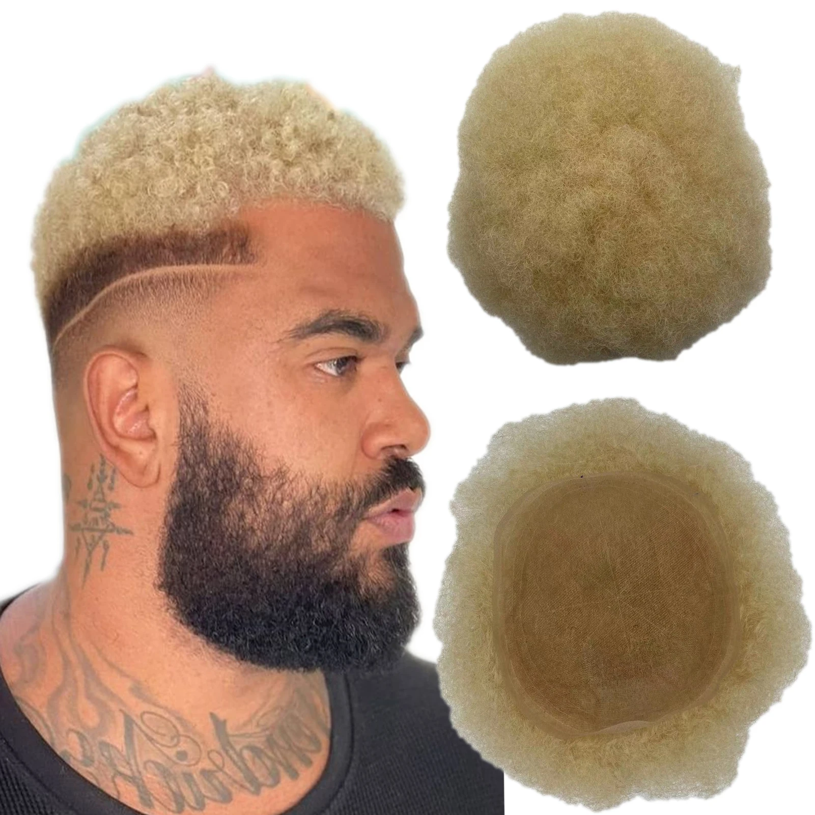 Afro Blonde Toupee For Men 4mm Afro Curly Hair Breathable Full Lace 100% Remy Human Hair Relacement Hair System