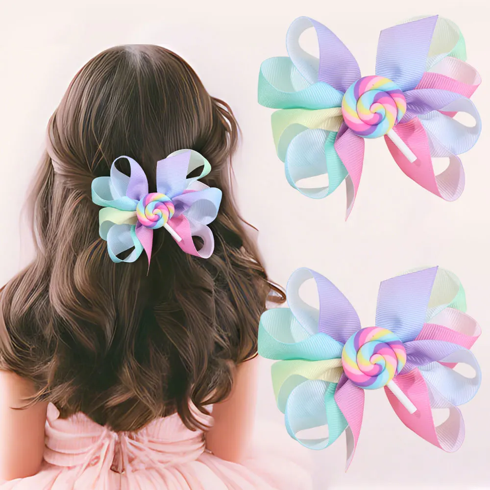 2Pcs Sweet Lollipop Hairpin Colorful Ribbon Bowknot Hair Clip For Litter Girl Boutique Headwear Barrettes Kids Hair Acesssories