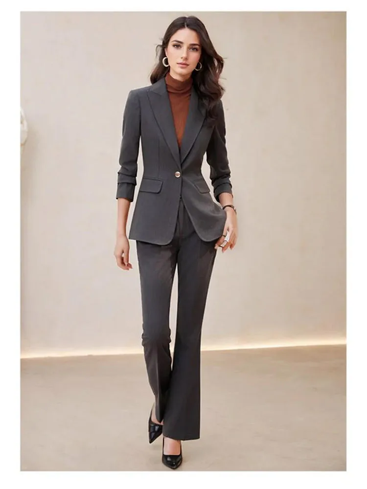 Elegant Fashion Lace Up Blazer Sets for Women 2 Pieces 2024 Autumn New Chic Casual Long Sleeves Flare Pant Female Clothing Suit