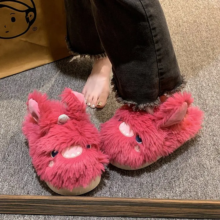 2023 new Fluffy Fur Slippers Women Men Autumn Winter Warm Shoes Soft Plush Lovers Home Floor Slides Cute Animal Frog Footwear