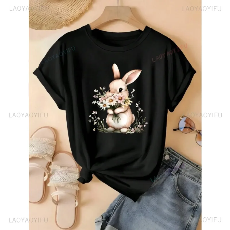 

Женские летние футболки с короткими рукавами и рисунком кролика с цветочным принтом, хлопковые классические простые повседневные дышащие топы в уникальном стиле