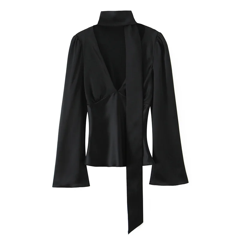 قميص نسائي 2025 خريف جديد وصول أسود طويل الأكمام الساتان الملمس مثير الخامس الرقبة قميص مع وشاح الديكور أنيقة #1