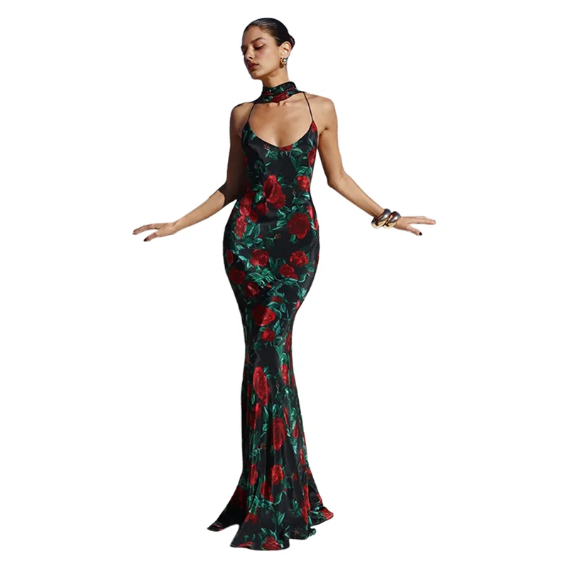 CGS-robe Maxi moulante pour femmes, bretelles d'été, imprimé Floral, moulante, soirée, Club, dos nu