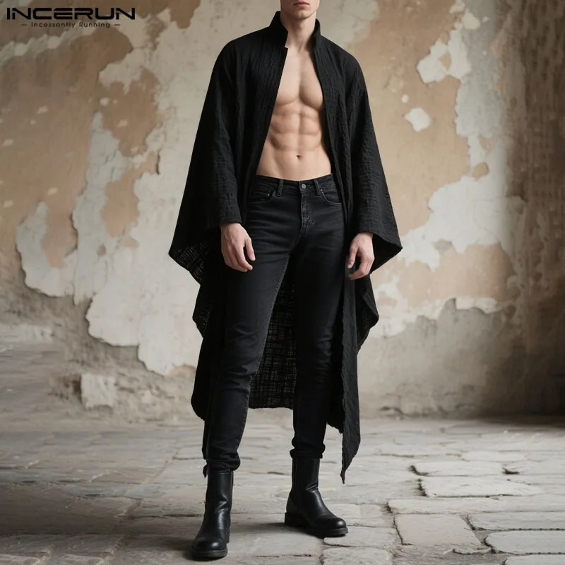 

INCERUN Men Long Style Trench Irregular Coats Solid Long Sleeve Male Cardigan Streetwear Loose Open Stitch Casual Outerwear Men