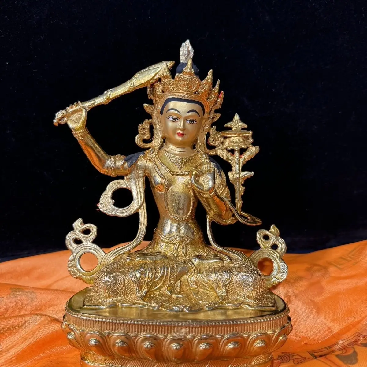 7 inch Manjushri Bodhisattva pure copper gilt bronze statue ornament Tibetan Manjushri Tantra Buddha statue home Tibet total hei