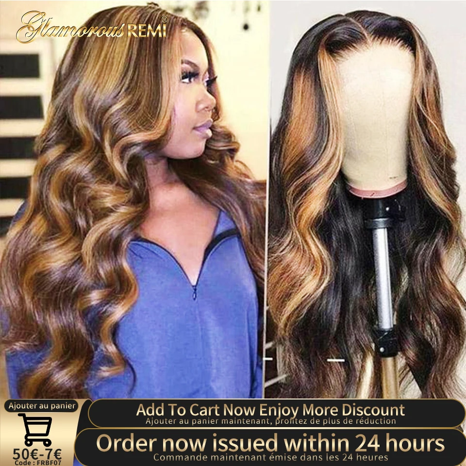 

Ombre Brown Highlight Body Wave Human Hair Wigs Peruvian Pre Plucked Remy Hair 13x4 Lace Front Honey Blonde P4/27 Colored Wigs