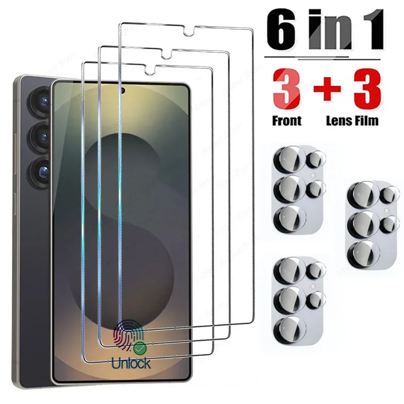 6in1 Tempered Glass For Samsung Galaxy S25 S24 Ultra S23 S22 S21 S20 FE Plus Unlock HD Screen Protector Glass Phone Accessories