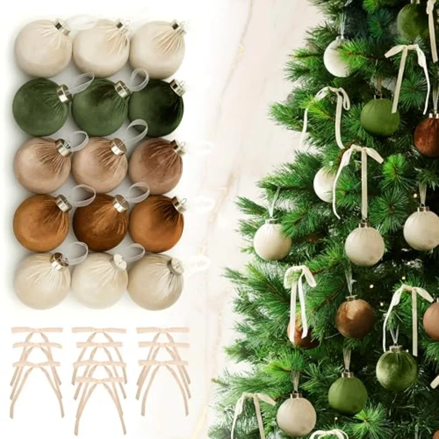 

Elegant Velvet Christmas Ornaments Set with 15 Shatterproof Balls and 10 Matching Velvet Bows - Complete Festive Tree Decor Kit
