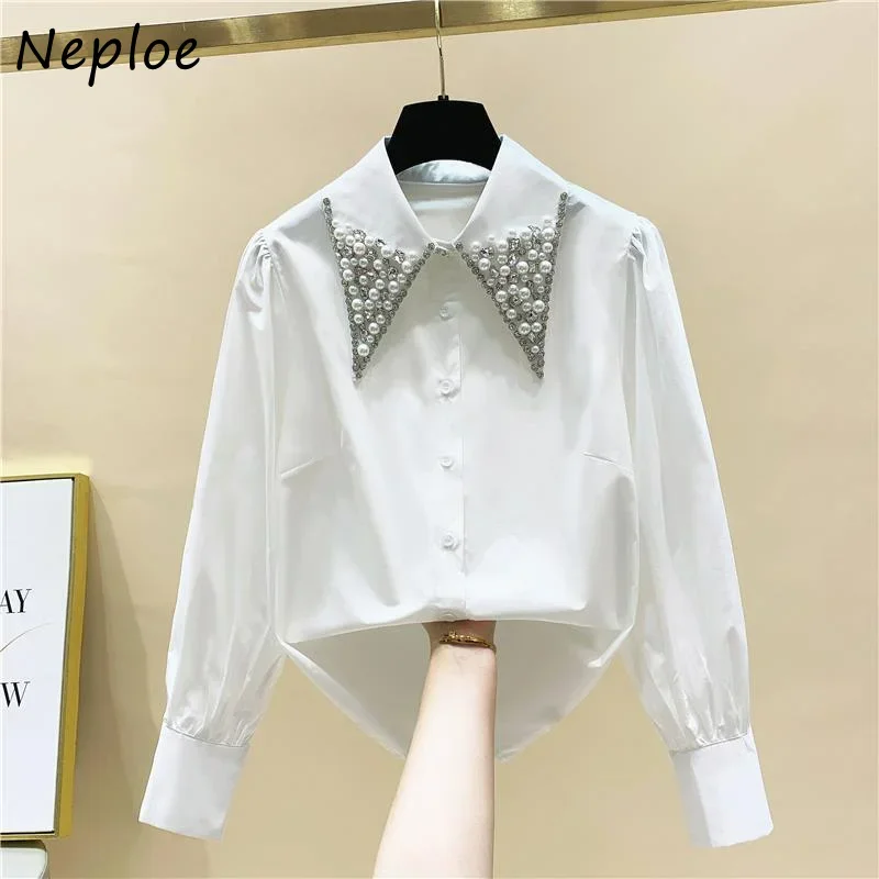 Neploe Vintage Blusas Mujer De Moda Turn Down Collar Beading Diamonds Blouses Solid Color Long Sleeve Single-breasted Shirts