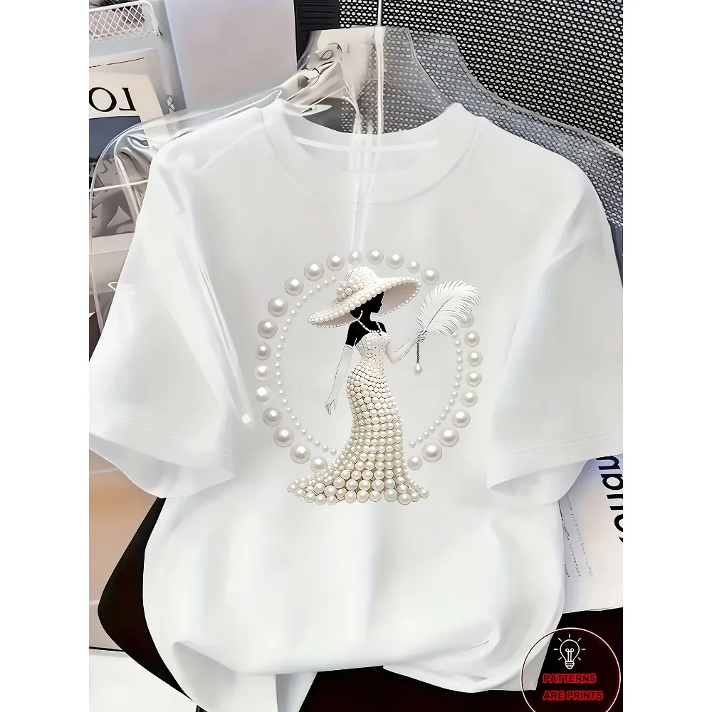 Women's Printed T-Shirt Pearl Diamond Jewelry Women's Design Casual Round Neck Short sleeved Top Urban Style Printed T-Shirt