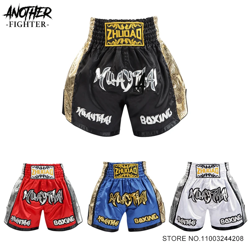 Muay Thai Boxing Shorts Premium Embroidery Cage Fighting Kickboxing Grappling Training Match Pants Men Women Child MMA Clothing