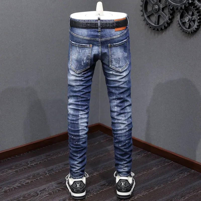 Street Fashion Men Jeans Painted Designer Retro Blue Stretch Slim Fit Brand Ripped Jeans Men High Quality Hip Hop Denim Pants
