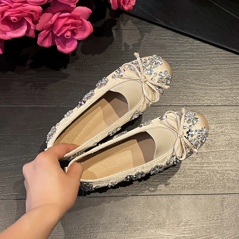 

Spring 2026 round Toe Ballet Flat Shoes Women's Size Chart Diamond Embellished Slip-On Fashionable Rubber Sole Polyester Inner