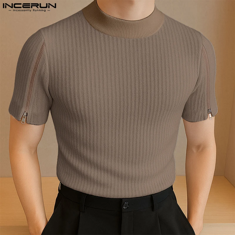 

INCERUN Men T Shirt Solid Color O-neck Short Sleeve Knitted Casual Male Tee Tops Summer Streetwear 2025 Fashion Men Clothing