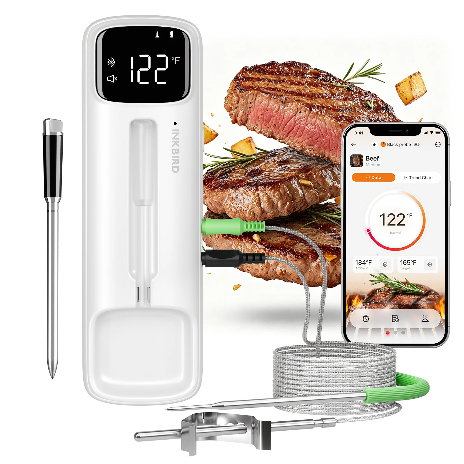 INKBIRD Wireless&Wired BBQ Meat Thermometer, 328ft Bluetooth Remote Monitoring, Dual-Sensor ±0.5℉ Accuracy, 28 USDA Meat Presets