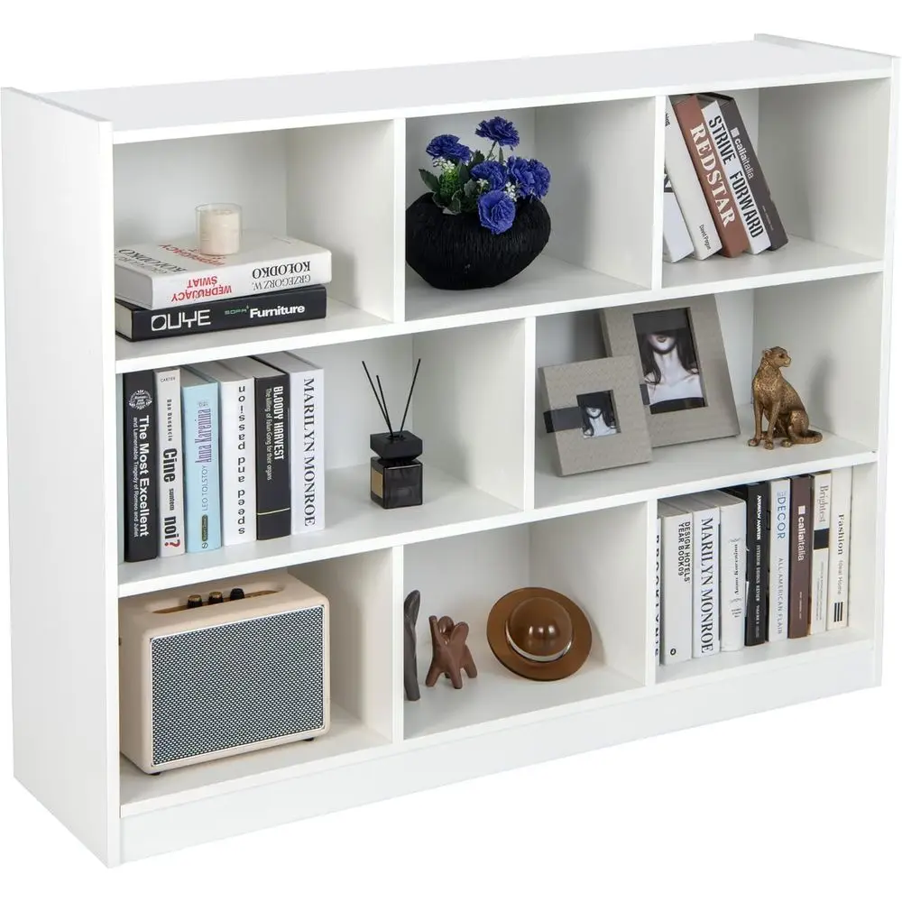 

Трехуровневая открытая книжная полка, напольная, из белого дерева, идеально подходит для спальни, гостиной и детской комнаты, дизайн с 8 ячейками, 48 x 12.5 x