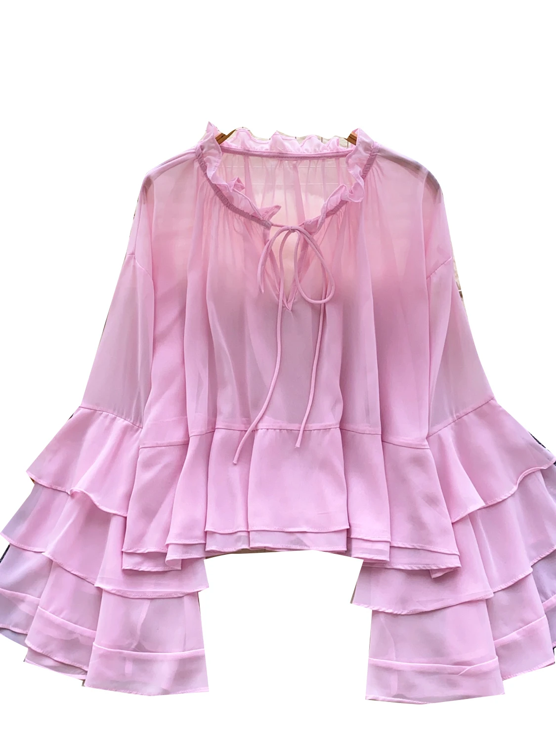 Luźna, cienka bluzka damska z szyfonu z rękawami dzwonkami, okrągły dekolt, siateczka, wiosenno-jesienna, modna, oddychająca, delikatna.