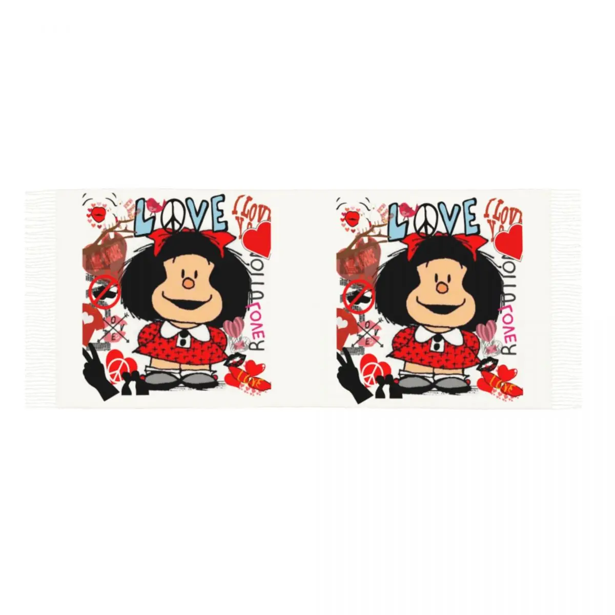 Amore e Mafalda circondato da sciarpa di cuori per le donne elegante scialle invernale avvolgente Quino argentina nappa avvolge