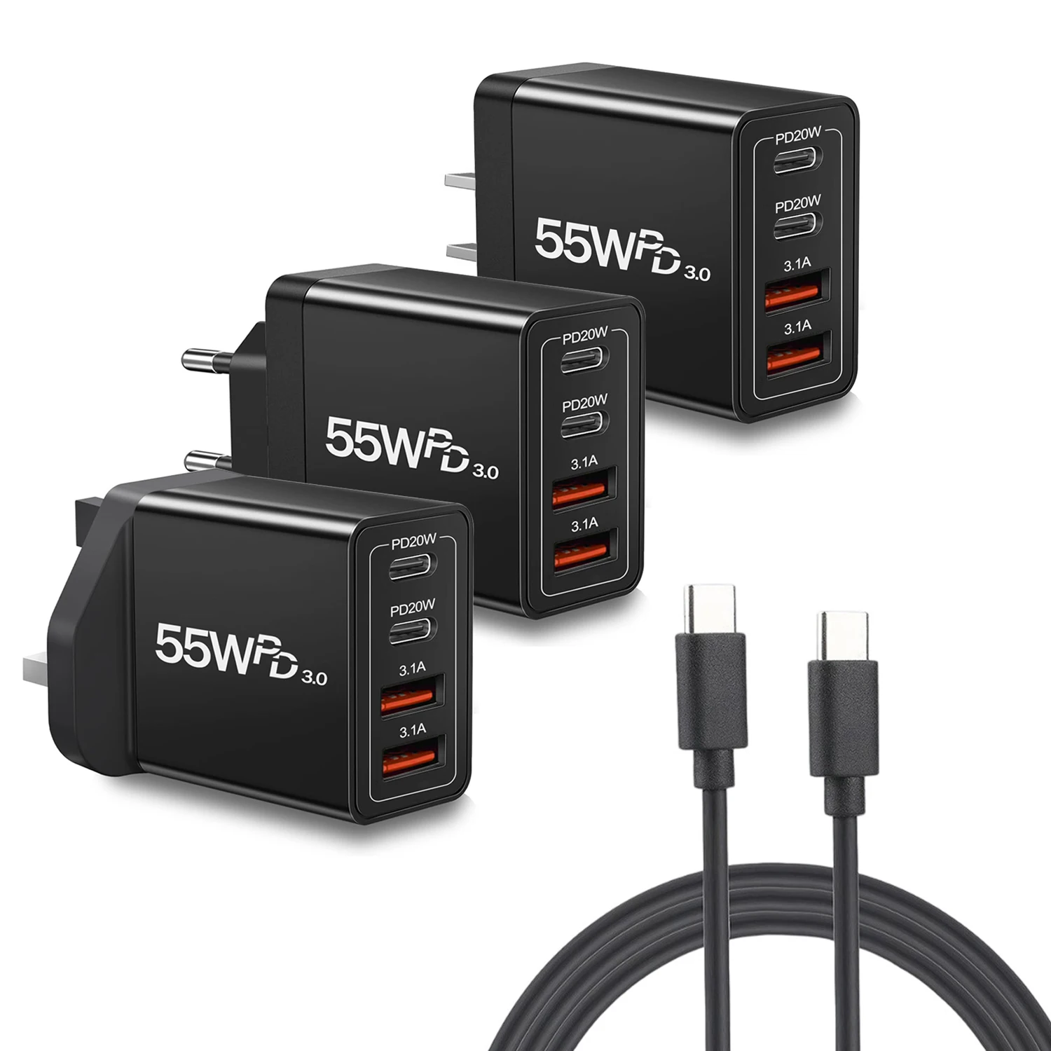 EU UK US Plug Fast Charger Blocks with Cable, 55W 4-Port USB C Wall Chargers PD 3.0 Quick Charge Phone Adapter For iPhone Xiaomi