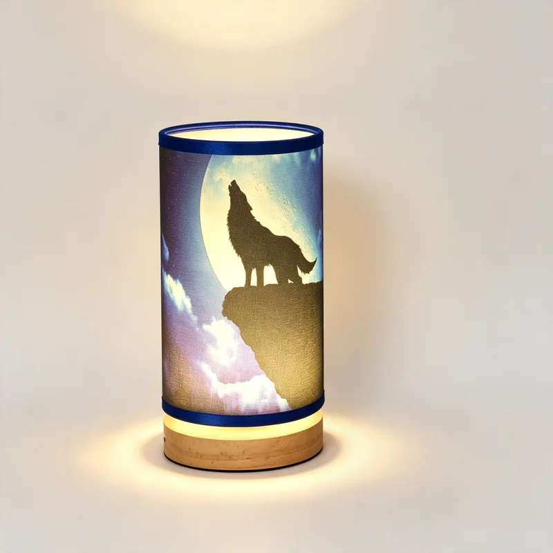 Wolf Moon Pattern LED Table Lamp USB Powered Dimmable Fabric Shade Night Light, Wooden Base Soft Warm Ambient Lamp, Creative Dec view 6