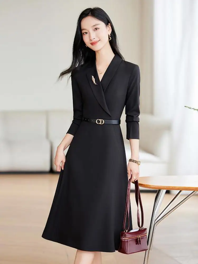 

Korean Fashion Women Black High Waist Elegant Office Long Sleeves Dress Autumn Winter Beige Slim Festival Plus Size A-line Dress