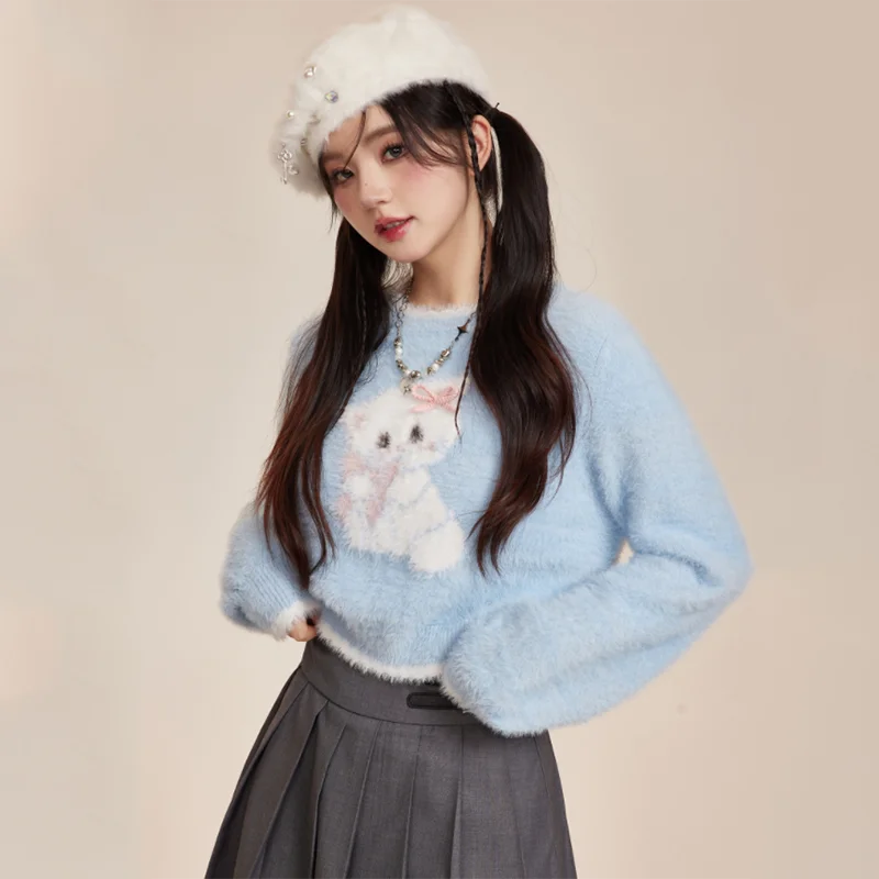 Preppy Style Cartoon Kawaii Cat Y2k Sueter Mujer Knitted Pullovers Japanese O Neck Sweaters High Waist Slim Short Sweet Women