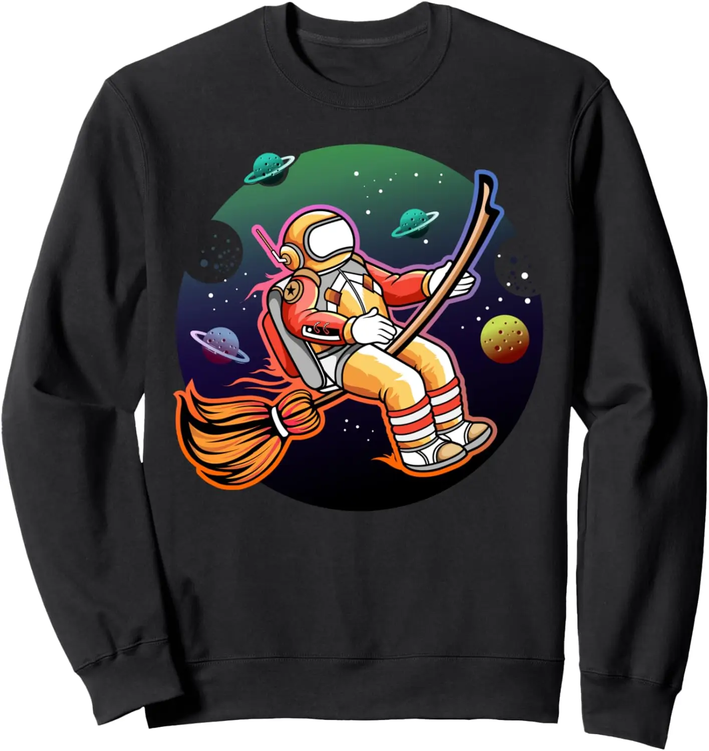 

Astronaut on Witches Broom in Space with Planets and Stars Sweatshirt