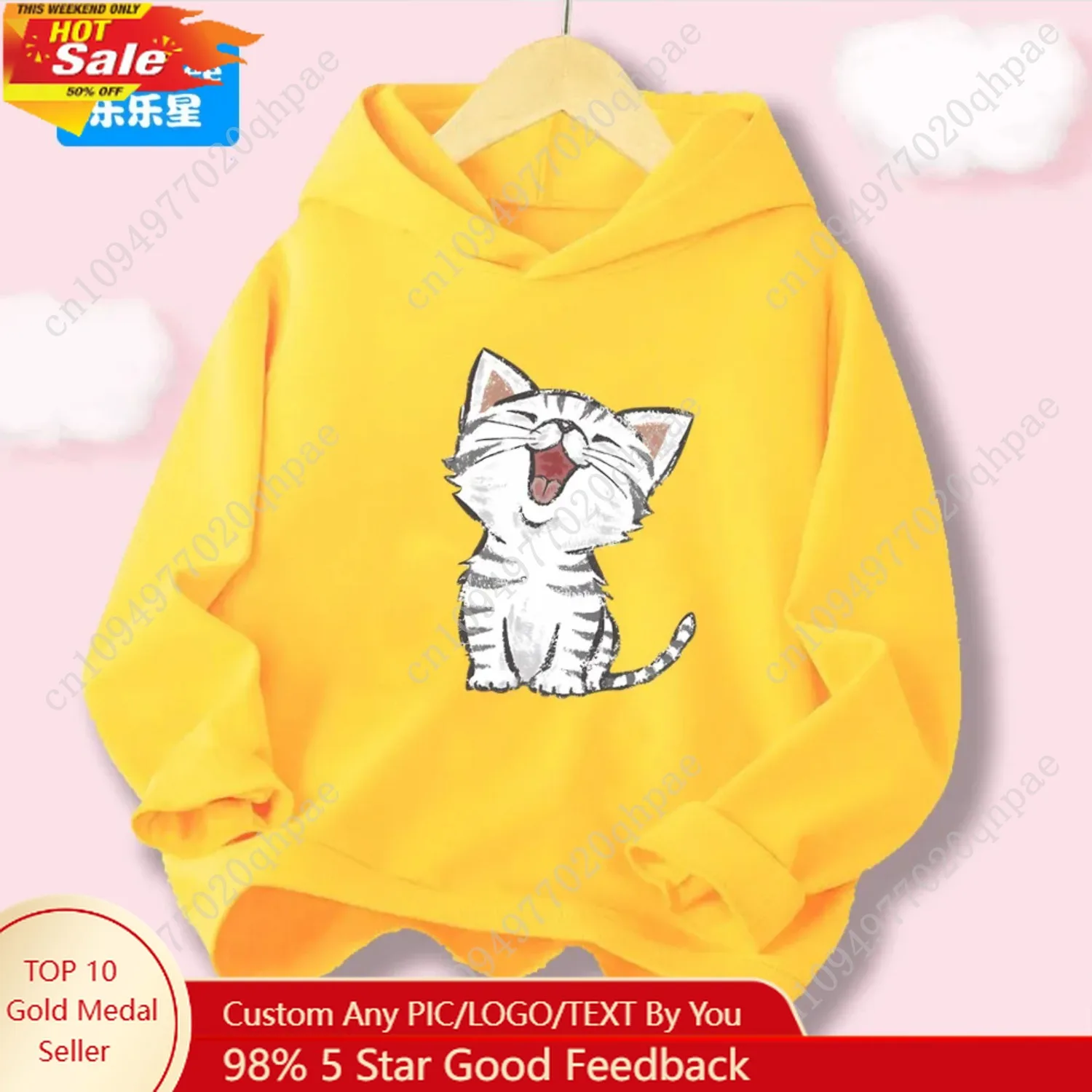 

Fashion Happy Cat Print Girls Casual Cute Hoody Sweatshirt Children's Spring Autumn Thin Hoodies Student Outerwear MBM1