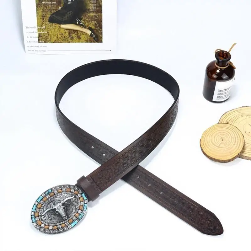 652F 십대 구호 황소 헤드 버클 조절 가능한 벨트 코트 청바지 남성 넓은 공식 허리 밴드