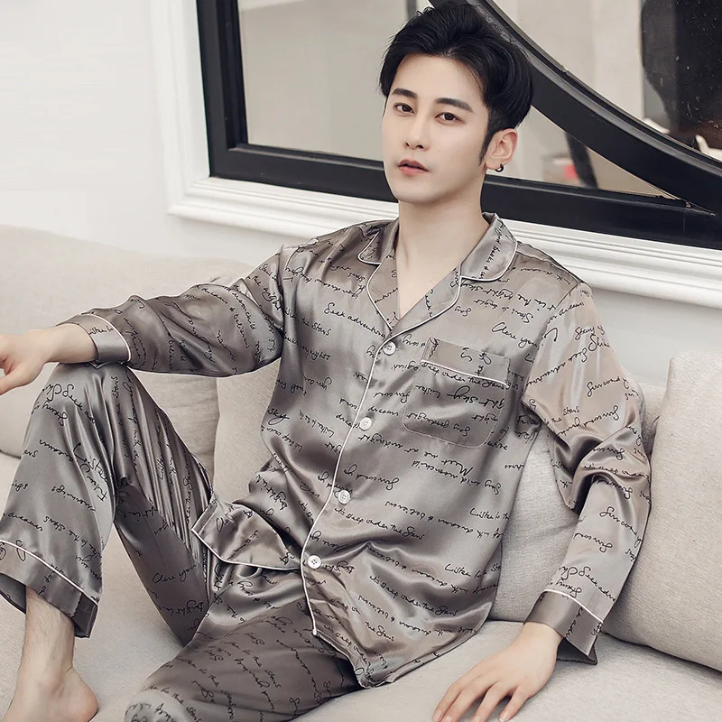 Pajamas Suit Men Spring Long Sleeved Thin Ice Silk Sleepwear Male Summer Satin Home Cloth PLus Size Loungwear Boy Youth Pyjamas