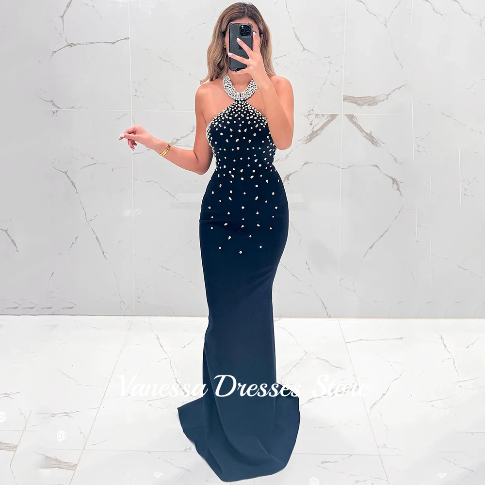 Robe de soirée saoudienne en cristal scintillant, col licou, personnalisée, sans manches, sirène, dos nu, bleu foncé, robe de soirée