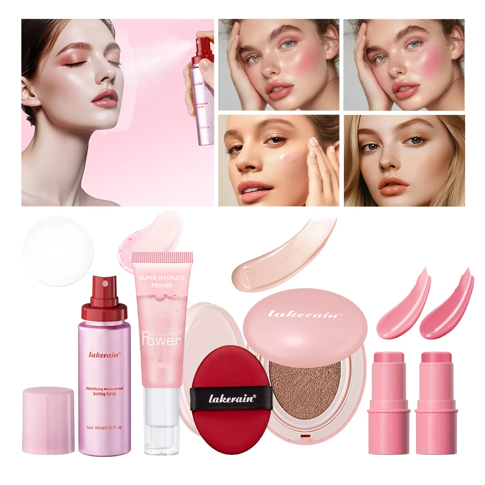 Ensemble de maquillage rose, Spray fixateur d'apprêt comprenant coussin d'air, Base de fond de teint, rouge à lèvres, Kit de cosmétiques pour tenue de Blush, 5 pièces/ensemble