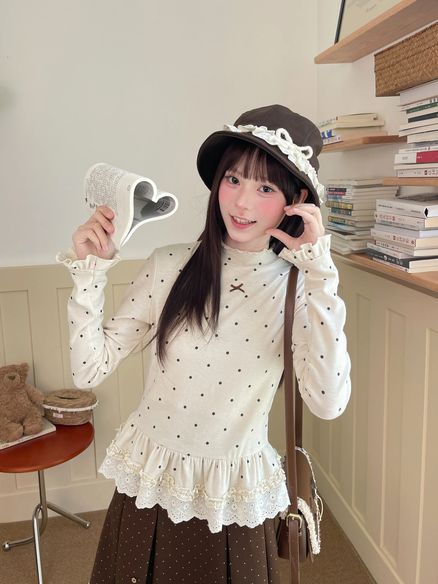Rustic Chic Polka Dot Lace Base Shirt Long Sleeve Half High Collar Women's Inner Wear Top Cute Autumn Cotton Blend T-shirt