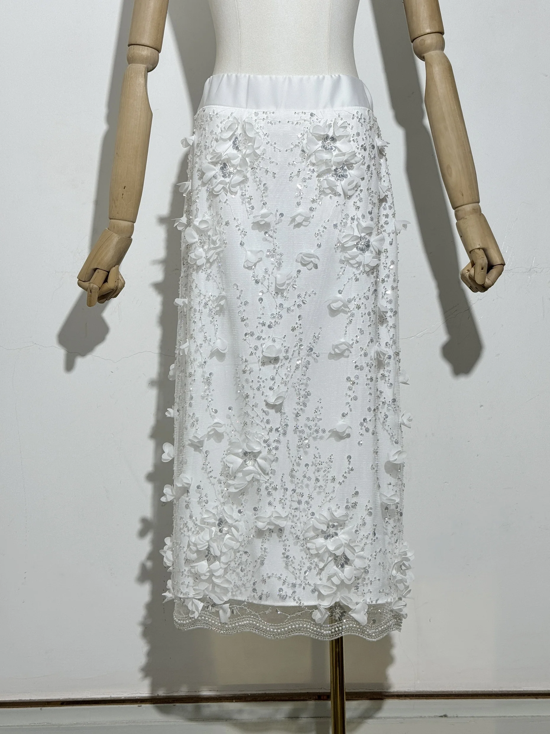 

New 3D Floral Glam Holiday Women New Mesh Hearvy Embroidered Sequin Pearl Beaded Party Elastic Waist Band Back Slit Midi Skirt