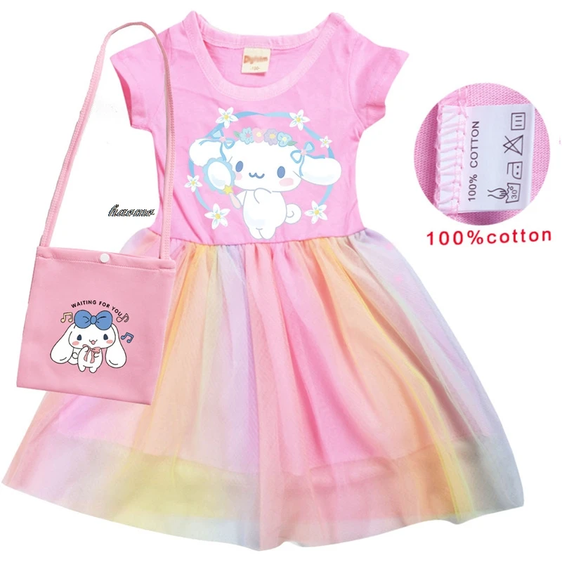 Hot Cinnamoroll Clothes Girls New Summer Princess Dresses short Sleeve Kids Dress Bag Party Baby Dresses for Children Clothing