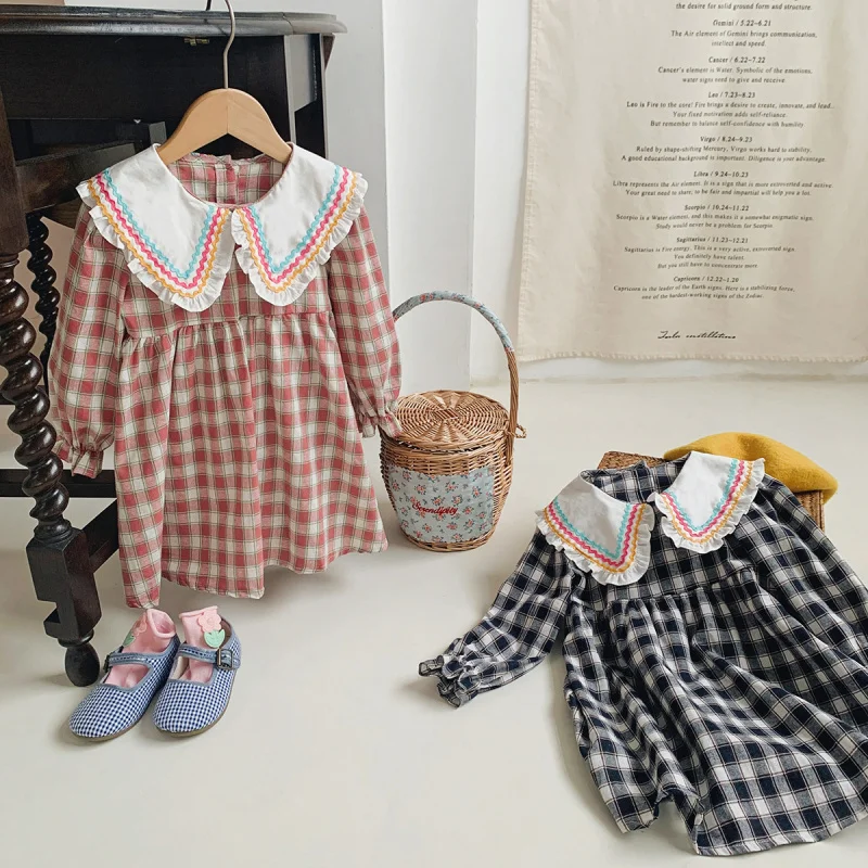 

2024Autumn New Lapel Lace Plaid Girl Dress Western Style Children Long Sleeve Skirt Wholesale