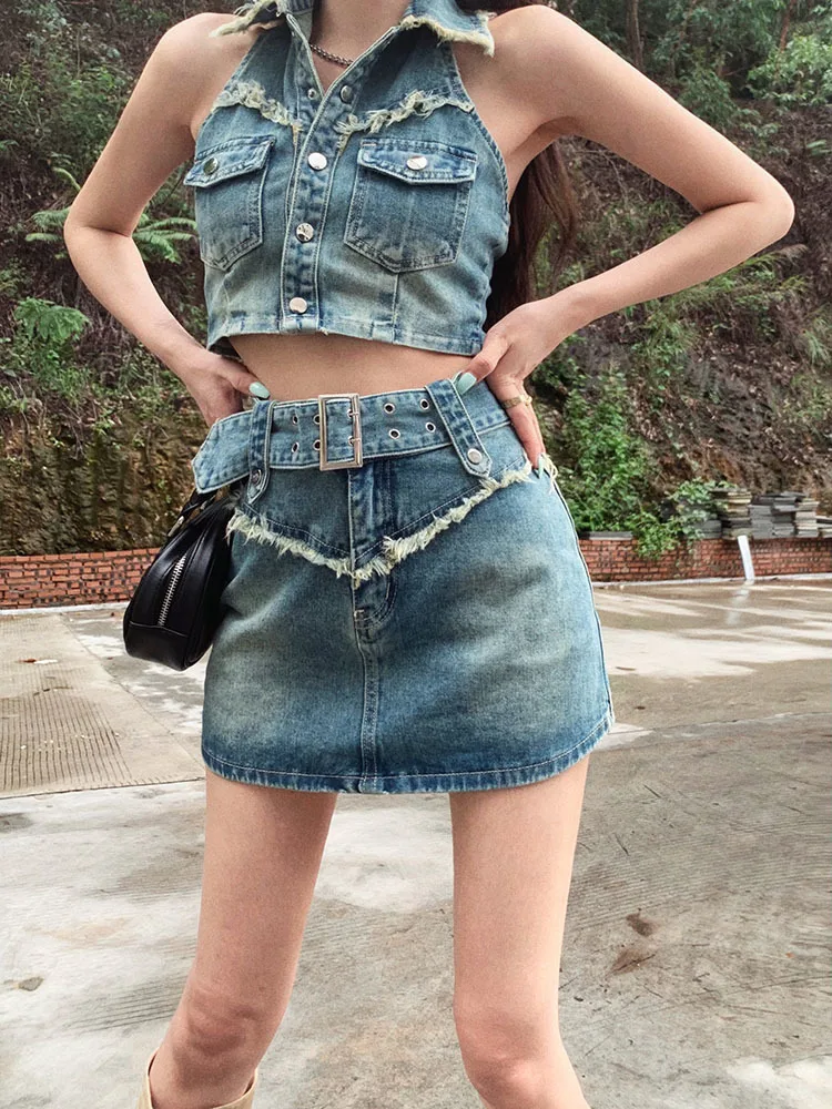 

Two Piece Set Women's Dress 2023 Summer New Fashion Jeans Halter Neck Tank Tops and Short Denim Skirt Outfits