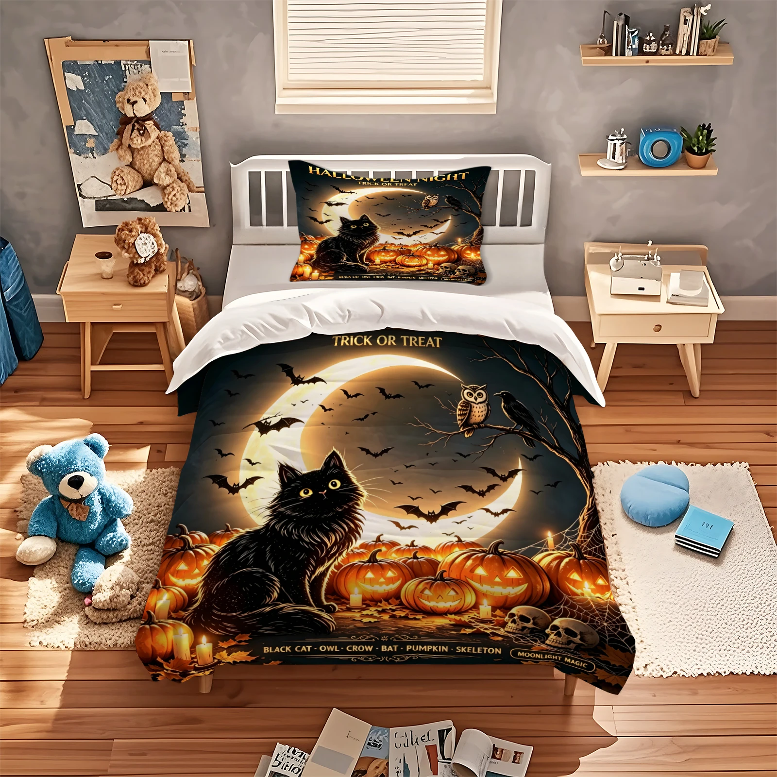 Halloween Black Cat Duvet Cover Set Glowing Crescent Moon Pumpkin Bat Owl Skull Spider Web Bedding Set Trick or Treat Gothic
