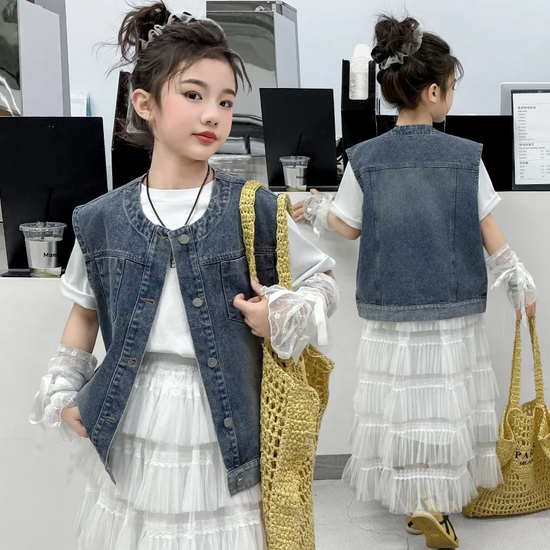 

Elegant Child Casual Denim Vest with Round Collar for Teen Girls Age 5 6 7 8 9 10 11 12 13 14 Y Kids Sleeveless Jacket Waistcoat