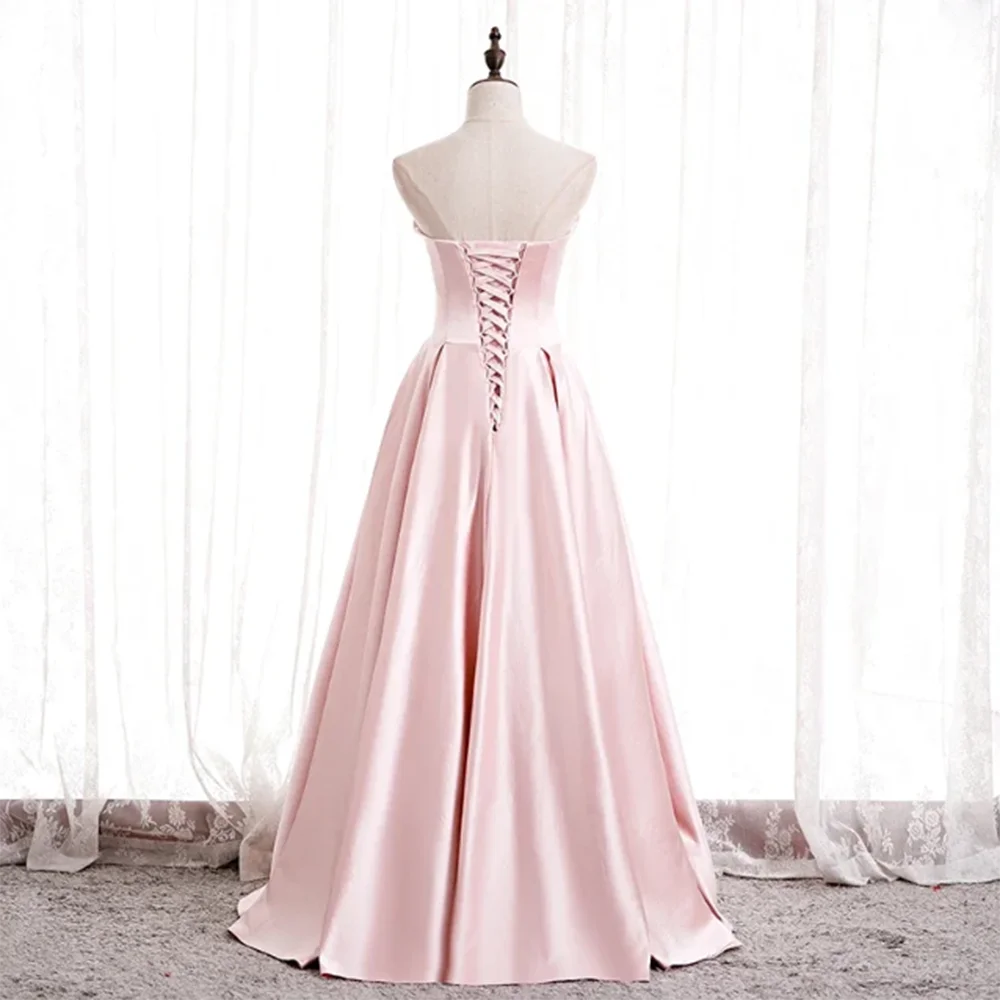 Elegante muito simples rosa cetim vestido de festa de baile até o chão sem alças sem mangas pérolas tule lado split vestidos de fiesta