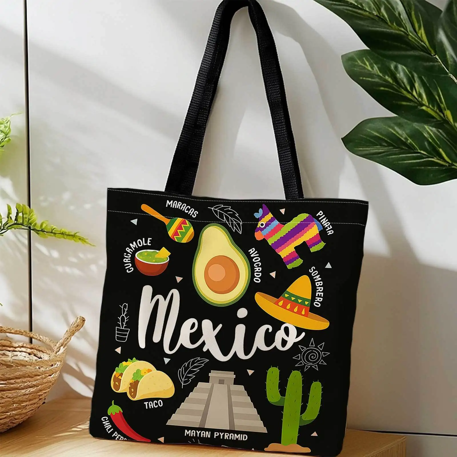 Shopping Tote Bag Featuring Mexico, Avocado, Sombrero, Cactus, And Taco. This Lightweight, Foldable, And Reusable