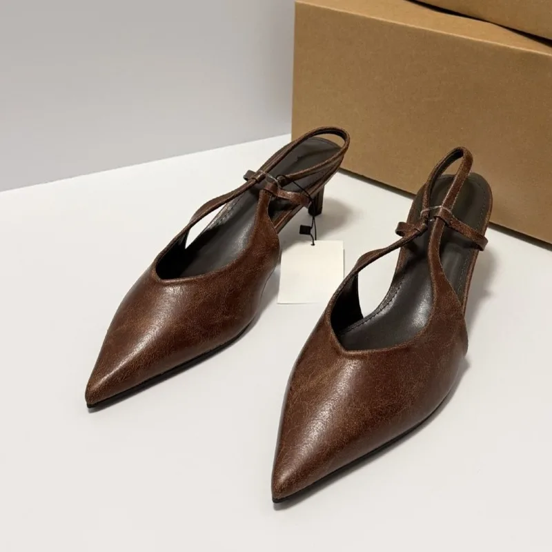Kitten Heels Summer Women Dress Sandals Vintage Brown Sexy Pointed Toe Slingback Office Work Zapatos De Mujer Ladies Shoes view 2