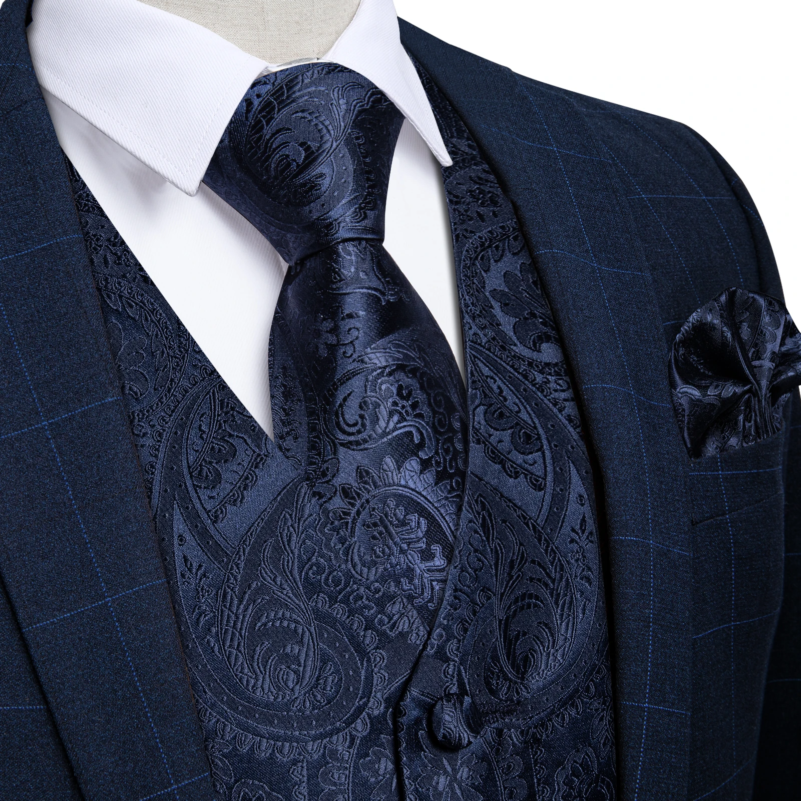 

Causal Men's Navy Blue Paisley Vest Pocket Square Cufflinks Sets Formal Business Waistcoat Chaleco Hombre Luxury Necktie V-neck