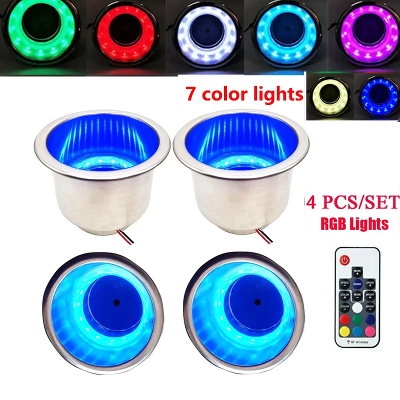 

4PCS Stainless Steel 7 Light Colors RGB Cup Drink Holder Blue Light Marine Boat Truck Camper RV Cup Drink Bottle Holder